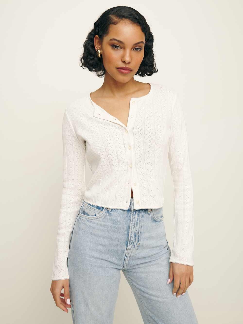 Reformation Ari Pointelle Knit Cardigan Gossamer XS